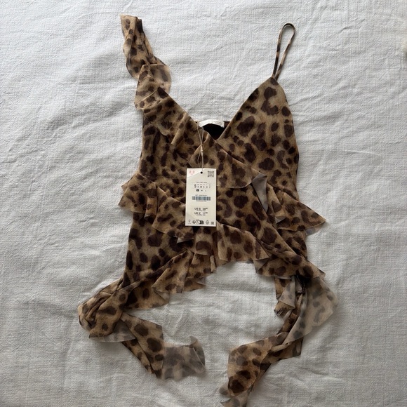 Zara Tops - Zara Leopard Print Ruffled Crop Top - Brown Animal Print